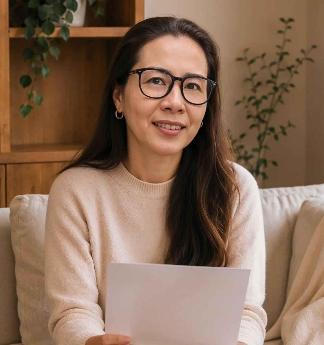 Ayn, Founder of Cometafy, seated with the COMET Method report