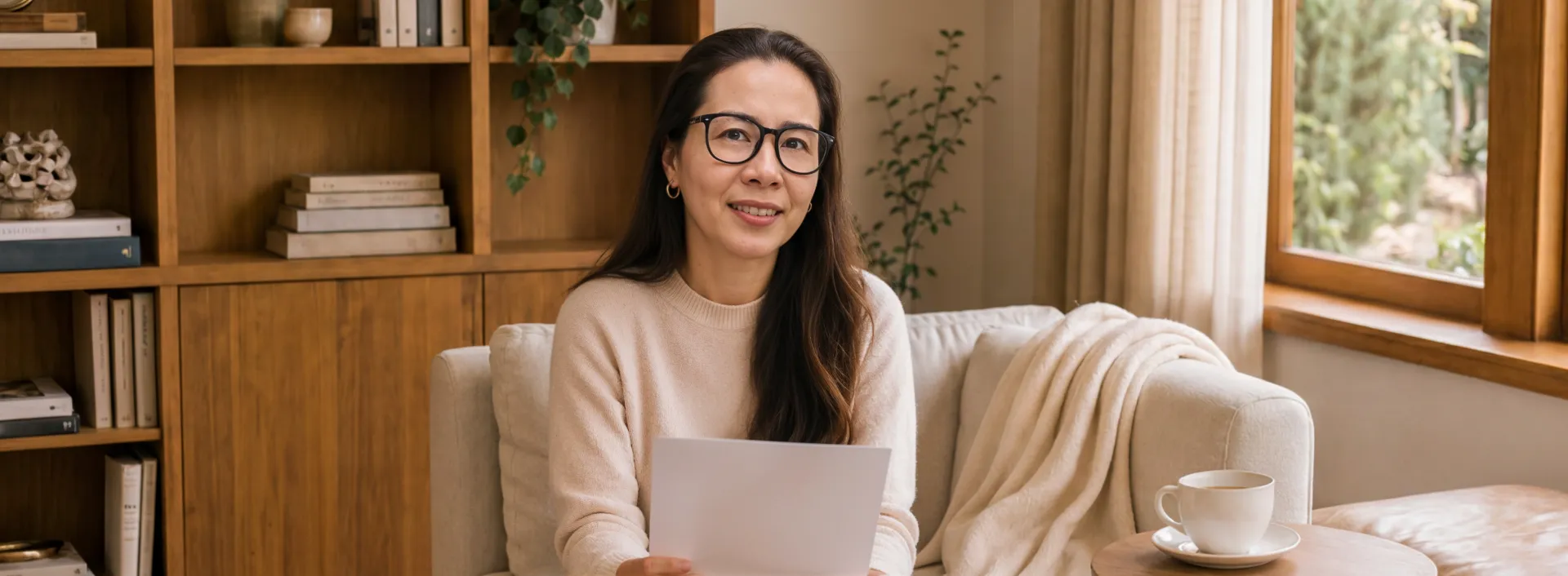 Ayn, Founder of Cometafy, seated with the COMET Method report